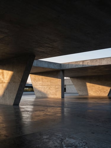 Abstract architectural lines of a modern concrete and steel pavilion, dramatic side-lighting casting deep shadows, golden hour highlights reflecting on dark polished stone, quiet luxury atmosphere, wide panoramic framing.