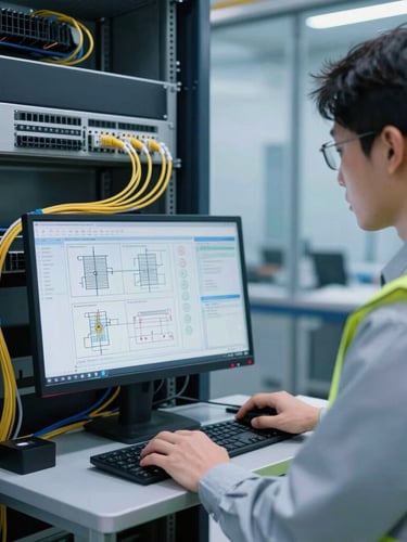 An engineer in high-visibility gear analyzing technical schematics on a monitor next to a server rack with fiber optic cables, cool blue tones, sharp focus, 35mm