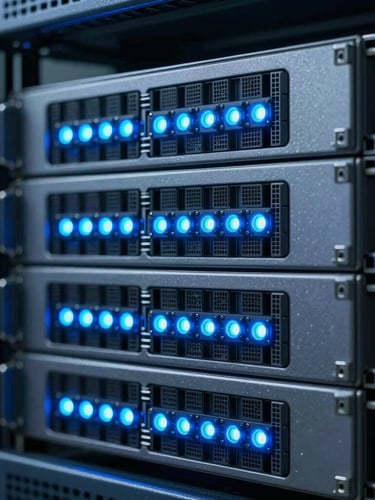 Macro shot of a high-reliability industrial communication server rack with glowing blue and cyan LED indicators, cool industrial lighting, 35mm