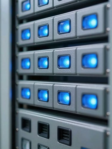 Close-up macro shot of substation control panels, cool blue LED indicators, metallic server racks, sharp focus, 35mm