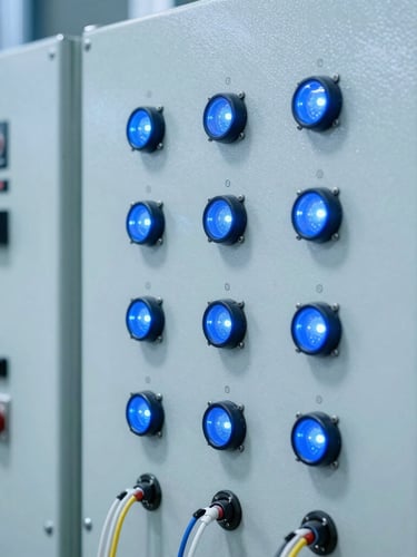 Close-up of industrial substation control panels with blue LED indicators and fiber optic connections, high-contrast cool lighting, 35mm
