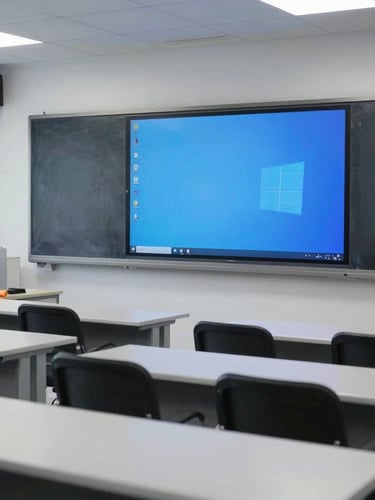A modern clean classroom with integrated digital screens, organized desks, cool natural lighting, sharp focus, 35mm lens