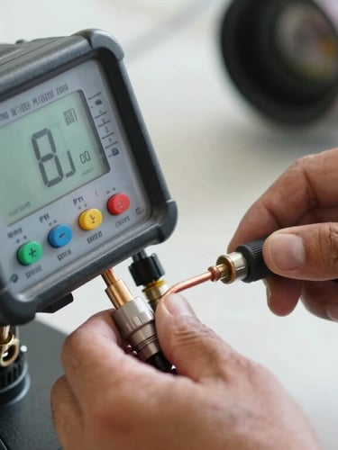 Close-up of a technician's hands in high-key Florida daylight, using a precise digital manifold gauge connected to copper AC lines, crisp focus on technical details.