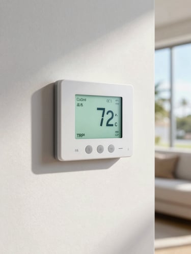 Bright, high-key natural Florida daylight illuminating a modern digital thermostat mounted on a clean, light-colored wall, displaying a comfortable 72 degrees inside a cool, shaded living room.