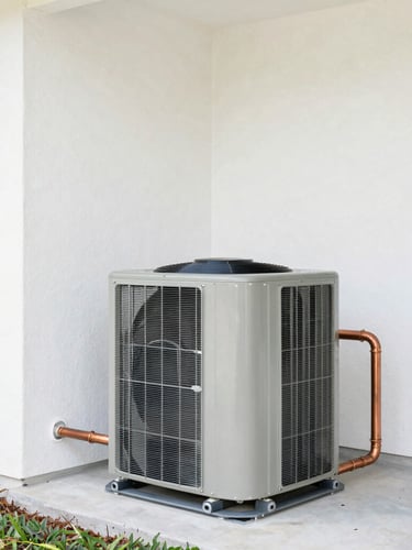 Bright, high-key natural Florida daylight, a clean modern Cape Coral home exterior with a newly installed high-efficiency outdoor condenser unit, sharp focus on clean copper piping connections, negative space on the left.
