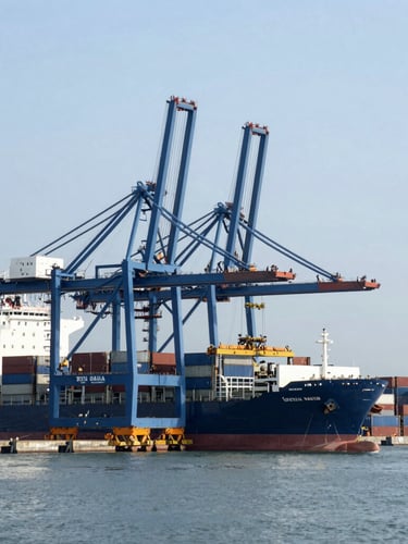 Wide-angle shot of a modern container port terminal at daylight, large blue cargo cranes loading a ship, cool slate tones, industrial scale.