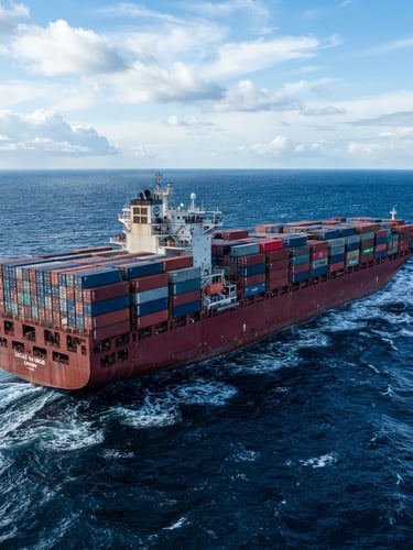 A massive industrial cargo vessel loaded with containers navigating deep blue ocean waters under bright, cool daylight, wide-angle cinematic framing