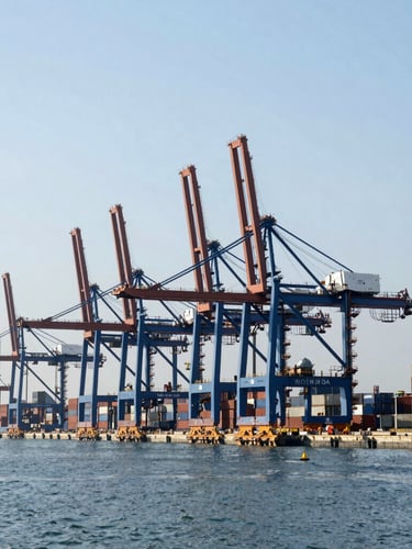 A bustling modern deepwater port with giant blue cranes and cargo containers, crisp daylight with cool tones, professional maritime photography