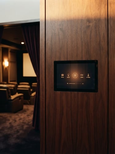 Wide shot of a luxury home theater control panel flush-mounted in dark wood, single-touch interface, warm ambient lighting, no visible wires, 35mm.