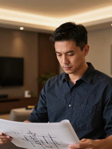 A close-up, professional portrait of a male low-voltage engineer in a clean, modern office setting, focused on a blueprint, warm ambient light, 35mm