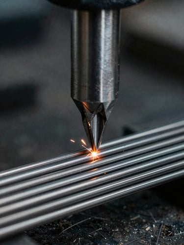 Macro close-up of a tungsten carbide drawing die reducing steel wire diameter, cool-toned industrial lighting, high-contrast 35mm photography.