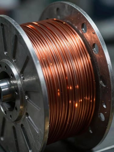 Tight macro shot of copper-coated MIG wire being spooled onto a precision steel basket spool, showcasing flawless alignment and zero-tangle winding, dramatic side lighting.