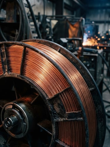 Macro close-up of a copper-coated MIG wire spool, high-contrast industrial lighting, cool steel tones with warm orange highlights, 35mm photography