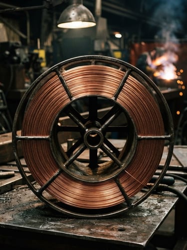 Macro shot of copper-coated MIG welding wire wound perfectly on a heavy steel spool, industrial factory setting, high-contrast dramatic light, 35mm
