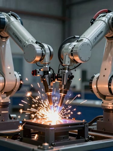 Industrial documentary photography of a clean automated robotic welding arm in action, high-contrast cool steel tones with warm orange sparks, macro lens, 35mm