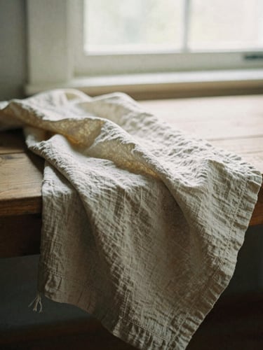 Soft-focus environmental shot of a raw linen textile draped over a wooden bench, natural shadows, quiet domestic scene, 35mm film texture