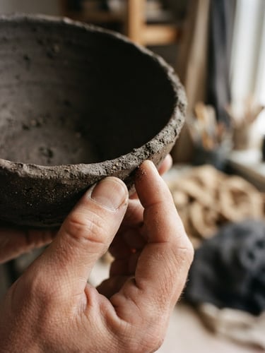 Macro shot of hands gently holding the unglazed rim of a dark clay bowl, soft directional north-facing window light, raw textures, 35mm film