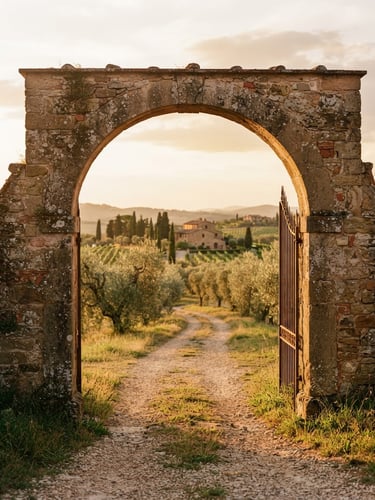 Warm golden-hour sunlight hitting a historic stone archway in Tuscany, olive trees framing the background, 35mm film style.