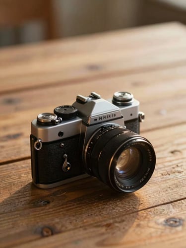 Close-up of a vintage 35mm film camera resting on a rustic wooden table, soft golden-hour light, warm editorial photography.