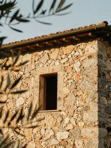 A close-up environmental shot of an ancient stone villa in Tuscany, olive branches framing the left side, natural golden-hour warm sunlight, 35mm film style