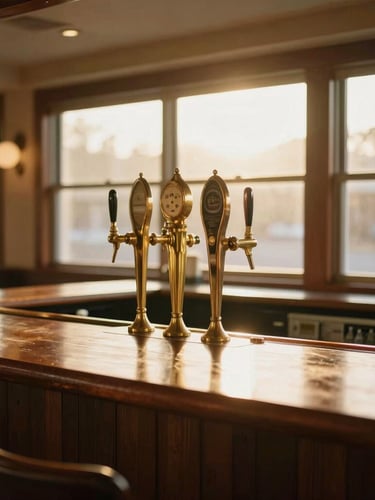 Warm mid-century clubhouse interior with a polished timber bar, vintage brass beer taps, and golden afternoon light streaming through the windows.