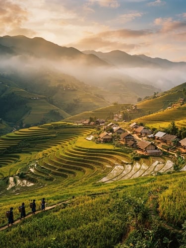 Wide panoramic view of terraced rice paddies in Sapa, Vietnam, at golden hour, with a small traditional village in the midground, soft mist, rich organic tones, 35mm film aesthetic