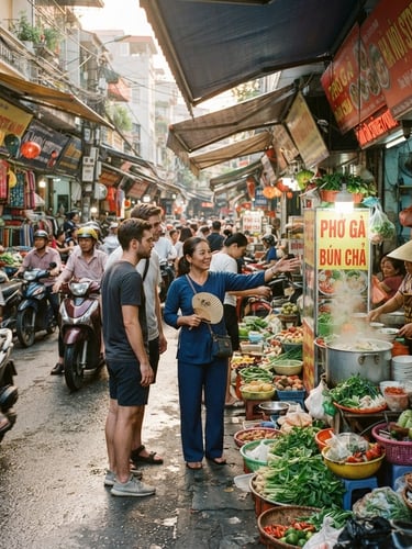 Wide panoramic shot of a bustling local market in Hanoi, vibrant colors, natural daylight, soft shadows, 35mm film aesthetic, with a local guide gesturing towards street food vendors.