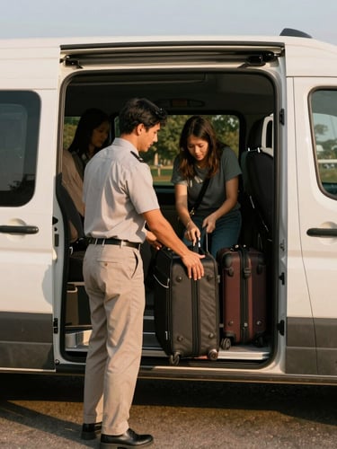 A local Customized Tour team member, wearing a subtle uniform, assisting travelers with luggage into a comfortable, modern private transfer van, sunny outdoor setting, soft shadows, warm editorial travel photography