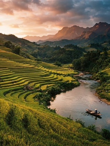 Wide panoramic view of terraced rice fields at sunset in Sapa, Vietnam, with a small local boat on a calm river, warm golden light, rich organic tones, 35mm film aesthetic.