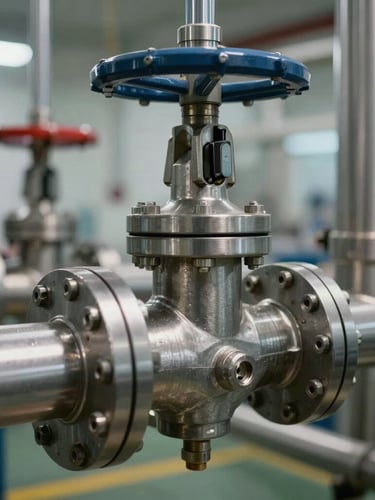 Extreme macro close-up of high-pressure industrial valves and stainless steel pipes inside an active electrolysis plant, sharp technical lighting.