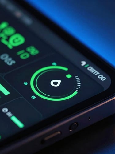 Macro shot of a sleek modern device displaying a live analytics dashboard with glowing green performance metrics, high-contrast dark studio lighting with neon blue backlighting, macro depth of field