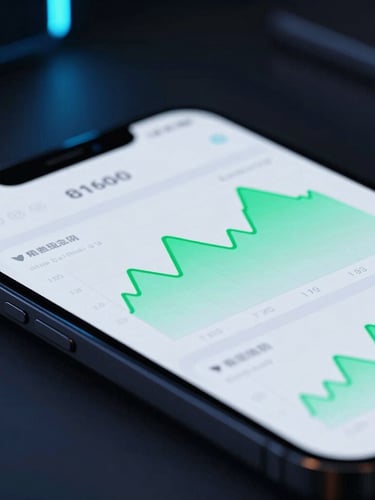 Sleek modern device showing live analytics dashboard with glowing green line charts, dramatic high-contrast studio lighting, deep shadows, neon blue accents, macro depth of field