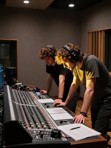 Panoramic interior of a recording studio: two musicians leaning over a mixing board, golden lamp light cutting across their faces from the right, cables and session notes on the desk, deep shadow behind them