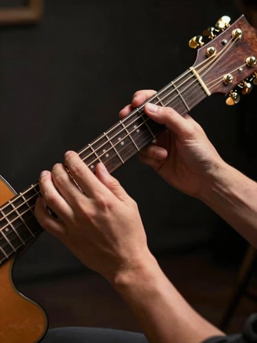 Hands of two guitarists framed tight, acoustic guitar fretboards catching warm golden studio key light, dark background, fingers mid-chord, motion blur on picking hand