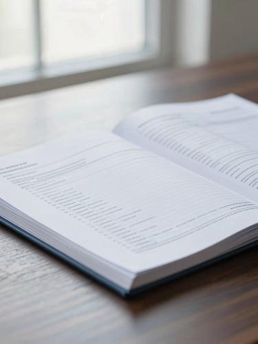 Close-up detail of structured legal ledgers and financial tax documents on a minimalist dark wood desk, soft natural window light, professional atmosphere, 50mm.