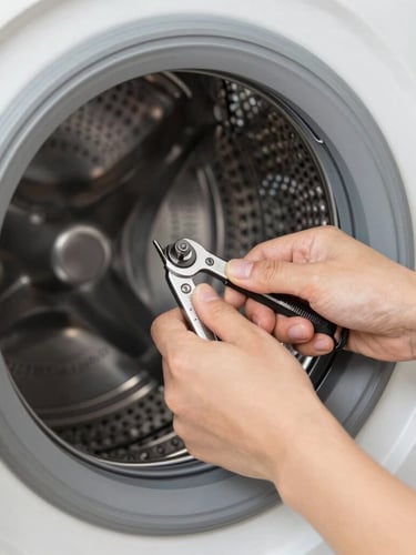 Tight macro shot of a technician's hands using precise tools on a modern washing machine drum, clean neutral utility lighting