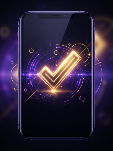 Sleek mobile screen displaying a successful transaction interface, glowing neon gold checkmark, dark obsidian background, electric purple backlights, high-contrast dramatic 3D render