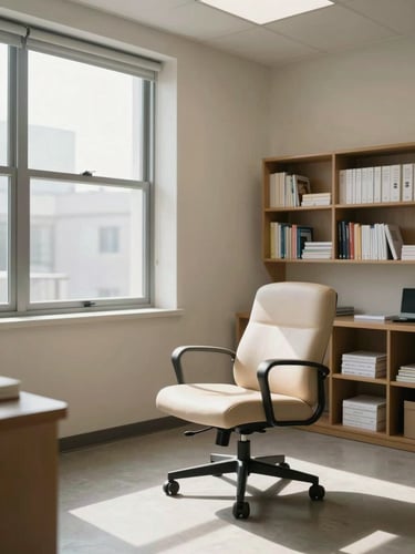 Wide environmental shot of a therapy office interior — a window with natural daylight falling across a reading chair and a low bookshelf with clinical texts, neutral walls, no people, calm and orderly
