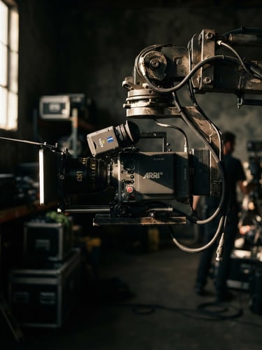 Side profile of a high-end cinematic camera rig mounted on a heavy mechanical arm, high-contrast directional afternoon sun, industrial metallic texture, crisp 35mm lens