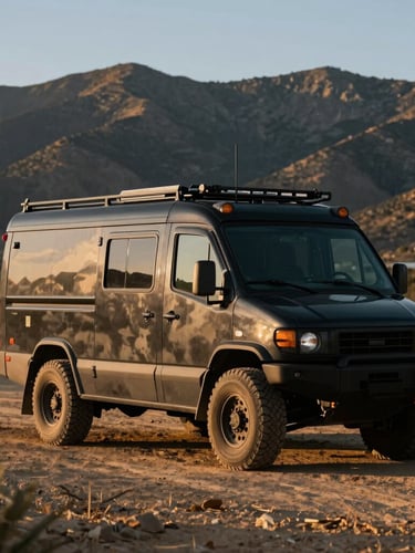 A rugged black mobile production vehicle parked on a dirt pullout in Trabuco Canyon, dramatic golden hour side-lighting, mountains in the background, crisp 35mm lens
