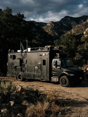 Specialized black mobile production truck parked in Trabuco Canyon, dramatic high-contrast natural light, deep shadows, crisp industrial details, 35mm lens