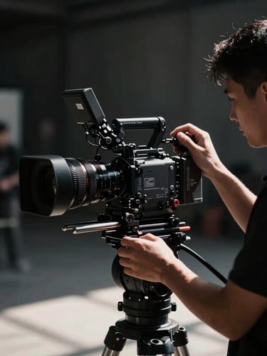 Behind-the-scenes shot of a professional camera operator adjusting a high-end cinema rig on-location, dramatic natural light, deep shadows, 35mm lens