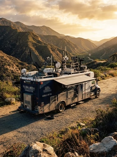 Wide-angle cinematic shot of a heavy-duty mobile production truck parked in Trabuco Canyon, rugged canyon hills in the background, dramatic late afternoon sun casting long shadows, crisp industrial details of cameras and satellite dishes mounted on the vehicle, 35mm lens