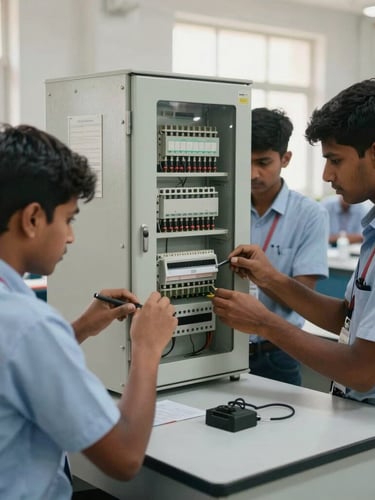 Medium shot of active vocational training lab in Rajasthan, young adult trainees working on electrical panels under bright natural daylight, clean institutional environment