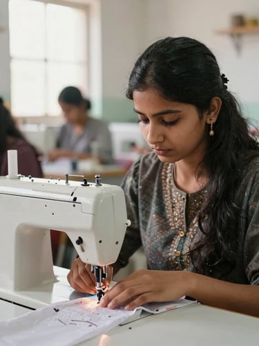 Medium shot of a young woman operating a modern sewing machine in a bright, naturally lit vocational training center in Rajasthan, clear focus on her hands guiding the fabric.