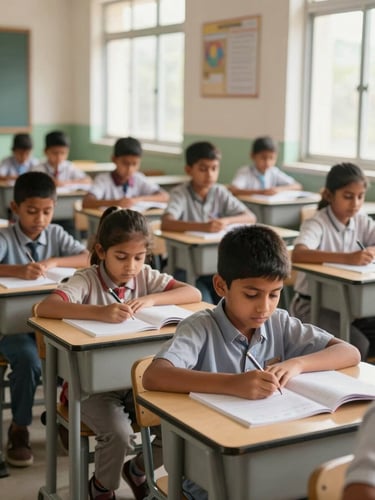 Bright classroom in Rajasthan with primary school children participating in a lesson, natural window light, structured educational setting