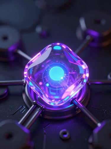 Macro close-up of a glowing glassmorphic key node within a dark metallic network, vibrant neon purple and blue emissive glows, futuristic 3d render, octane render