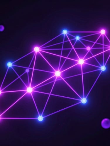 Sleek abstract 3D render of interconnected glowing nodes, vector network lines mapping a digital universe, dark obsidian background, vibrant neon violet and magenta emissive glows, cinematic lighting, octane render