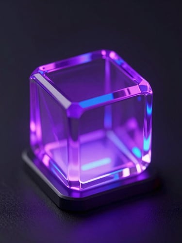 Macro close-up of a glowing glassmorphic gateway node, dark obsidian background, vibrant neon purple and blue emissive glows, cinematic lighting, octane render