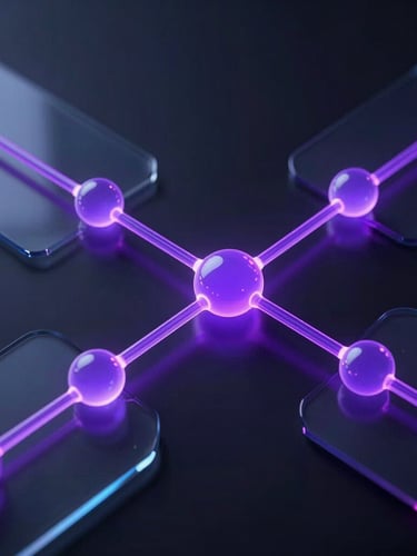Sleek abstract 3D render of interconnected glowing nodes and violet data streams flowing through dark glassmorphic plates, cinematic lighting